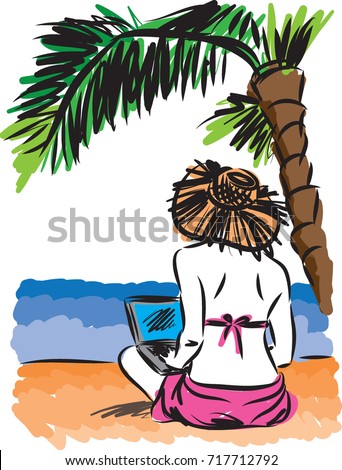 WOMAN AT THE BEACH WITH LAPTOP VECTOR ILLUSTRATION