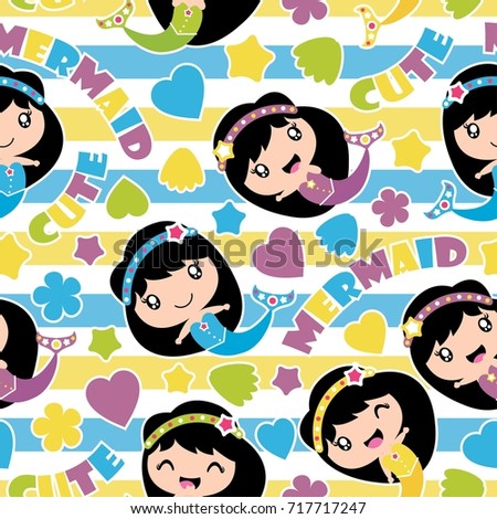 Seamless pattern of cute mermaid girls, stars and love shape on striped background vector cartoon illustration for birthday wrapping paper, fabric clothes, and wallpaper