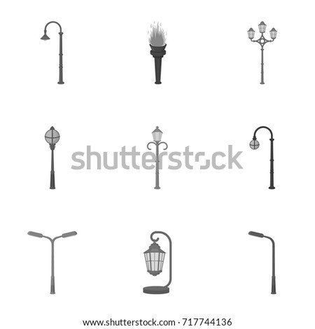 Lamppost in retro style,modern lantern, torch and other types of streetlights. Lamppost set collection icons in monochrome style vector symbol stock illustration web.