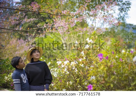 Family travel with children, kids looking Beautiful garden viewpoint,