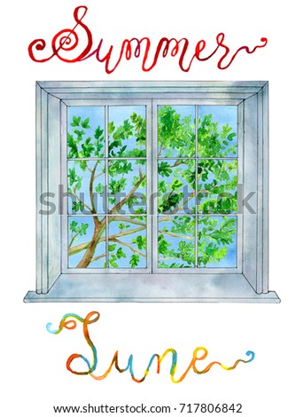 June concept. Window and summer tree branch with leaves. Watercolor illustration, lettering of month and season for calendar design page