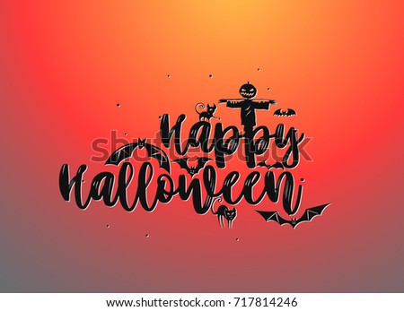 Happy halloween text icon, scary, fear, witch, devil, celebration, festival, night, bat, orange background, vector illustration