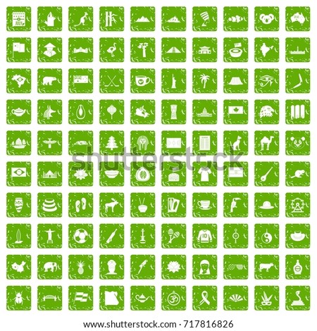 100 landmarks icons set in grunge style green color isolated on white background vector illustration