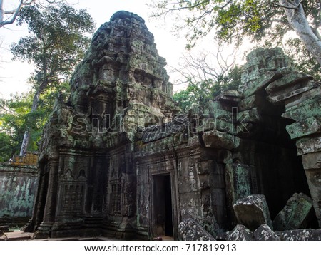 The old scary collapsed castle inside the ancient forest. The place is the most famous landmark of Cambodia, Angor Thom inside Angor Wat area, one of the worldâ??s 7 wonders and heritage.