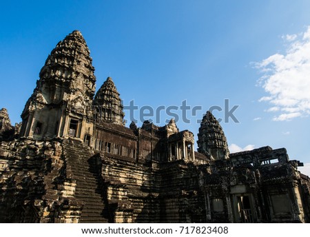 One of 7 wonders in the world, Angor Wat, the old archaeological remains of asian, Cambodia. The temple becomes dark and black by the flow of nature such as raining, water and wind.
