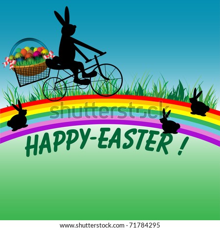 Abstract colorful illustration with a funny bunny riding his bicycle on a rainbow bringing colored easter eggs to the people