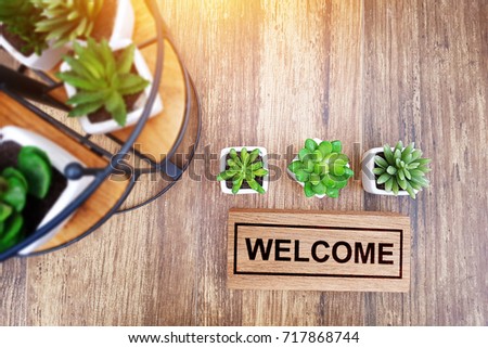 warm welcome sign for business concept. wooden welcome sign on table decorate with little cactus and copy space for your text, top view with yellow light to make warm feeling