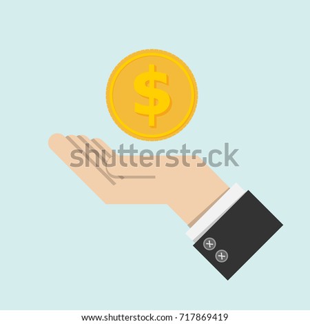 return of an investment concept. gold coin with sign of dollar currency on hand, palm of businessman. invest growth,finance plan, personal management, investment portfolio. vector illustration EPS10 Royalty-Free Stock Photo #717869419