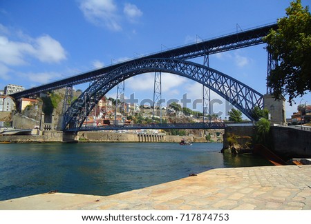 View of the Dom Luis l bridge crossing the Douro River in the city of Porto, Portugal