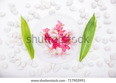 Beautiful spa composition with bamboo leaves with frangipani in bowl on white stones 