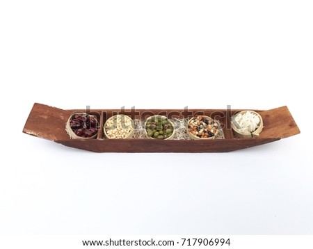 Bean and rice in the boat model on white background