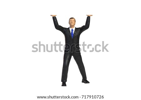tiny toy miniature businessman figure lifting, concept isolated on white background