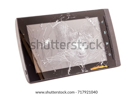 Broken screen tablet on white background