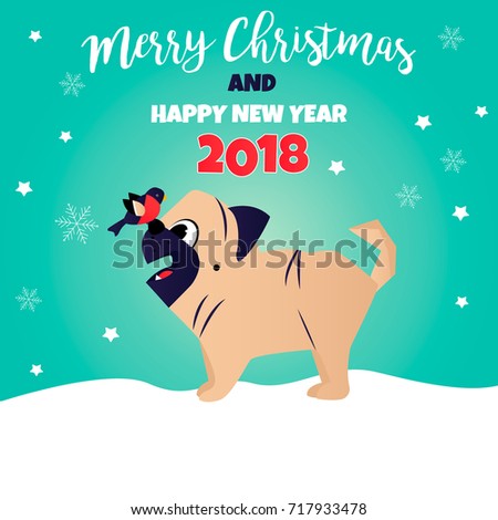 Christmas, New Year background with funny pug.