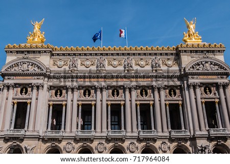 Architectural fragments of Garnier Palace. Grand Opera (Garnier Palace or Academie Nationale de Musique) is famous neo-baroque building in Paris, France - UNESCO World Heritage Site.