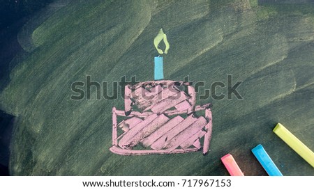 draw a birthday cake picture by chalk pastels on a school blackboard.