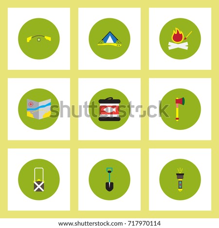 Collection of stylish vector icons in colorful circles Camping stuff
