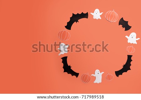 Traditional haloween symbols of black bats, pumpkins and ghosts on red background. Haloween picture and frame for logo