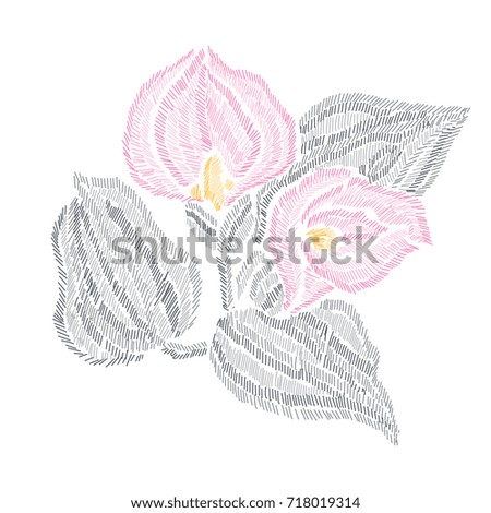 Elegant bouquet with calla flowers, design element. Can be used for cards, invitations, fashion ornaments, fabrics, manufacturing, clothing design. Embroidery style decorative flowers.  