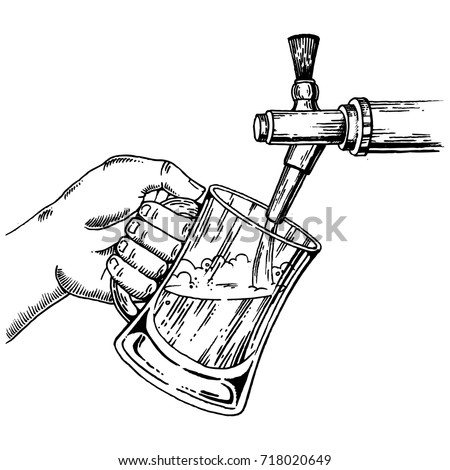 Man pours beer into glass from beer tap engraving vector illustration. Scratch board style imitation. Hand drawn image.