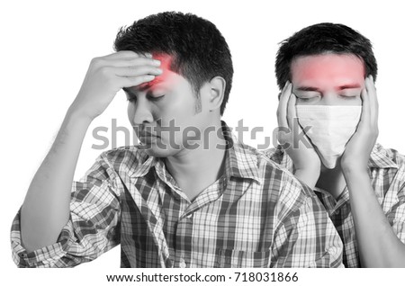 young man holding her head in pain. monochrome photo with red as a symbol for the hardening. isolated on white background. 