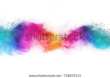 Colorful powder explosion on white background. Colored cloud. Colorful dust explode. Royalty-Free Stock Photo #718059115
