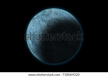 Unknown planet with blue atmosphere, on photo texture, isolated on black