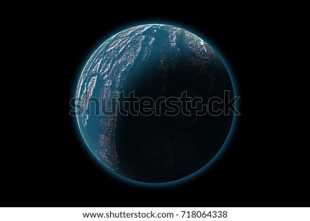 Unknown planet with blue atmosphere, on photo texture, isolated on black