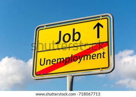 Yellow street sign with job ahead leaving unemployment behind close up