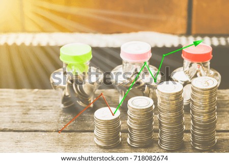 Money coin stacks growing graph with upward arrow. Success in economy and investment. Financial growth concept. 3d Illustration.