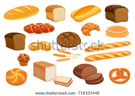 Set vector bread icons. Rye, whole grain  and wheat  bread, pretzel, muffin, pita , ciabatta,  croissant,  bagel, toast bread, french baguette for design menu bakery. Royalty-Free Stock Photo #718101448