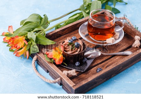 Picture of breakfast on wooden tray