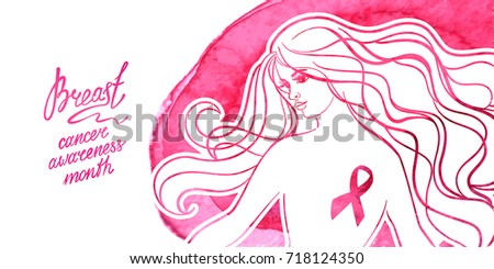Beautiful girl with pink ribbon on a watercolor background. October - Breast Cancer Awareness Month. Health care and medicine concept.