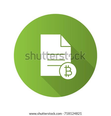 Bitcoin documentaries flat design long shadow glyph icon. Document with bitcoin sign. Vector silhouette illustration