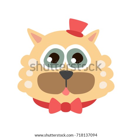 Cute cat head wearing red top hat and bow tie, funny cartoon animal character, adorable domestic pet vector illustration