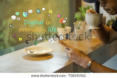 Digital in everyday life concept. young asian man in casual wear using smartphone internet technology in local cafe or home near window and green background with doodles and text