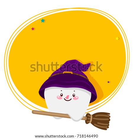 Cute tooth, witch on the broom, Halloween costume, cartoon character, oral dental hygiene, vector.