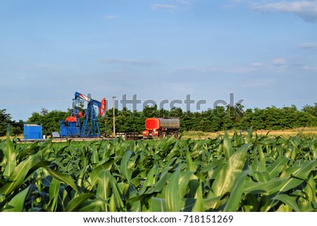 Crude oil pump in the middle of a corn farmland in eastern Europe   