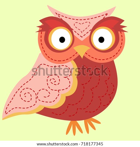 Strict, angry owl with a turned head, a pattern on the wings and a pussy. Cute pink and grey cartoon owl for baby showers, birthdays and invitation designs