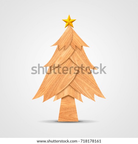 Christmas tree made from wood with decorations and Golden star, White background. Christmas season with art style illustration
