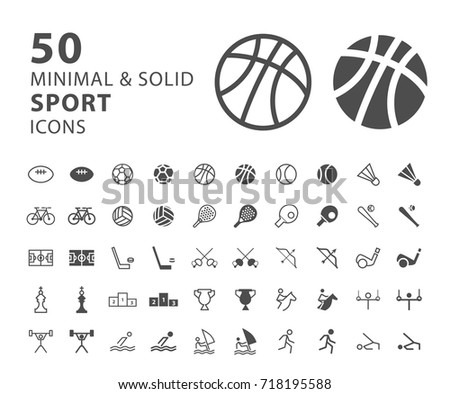 Set of 50 Minimal and Solid Sport Icons on White Background . Vector Isolated Elements