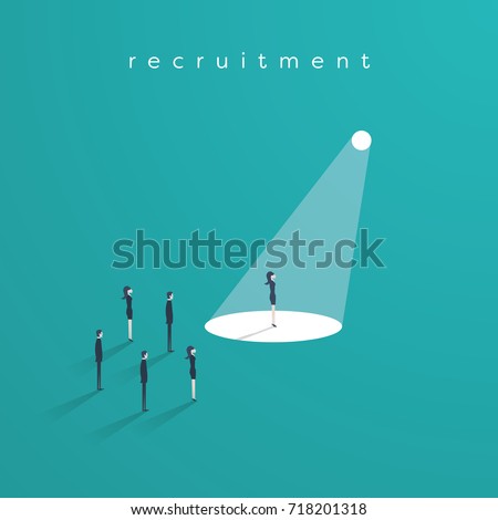 Business recruitment or hiring vector concept. Looking for talent. Businesswoman standing in spotlight or searchlight looking for new career opportunities. Eps10 vector illustration. Royalty-Free Stock Photo #718201318