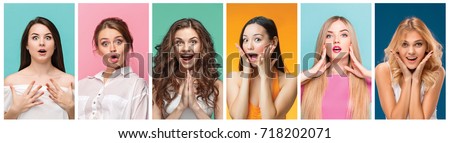 The collage from portraits of women with shocked facial expression Royalty-Free Stock Photo #718202071