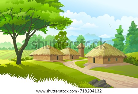A beautiful village with farmlands, trees, meadows and with mountains in the background Royalty-Free Stock Photo #718204132