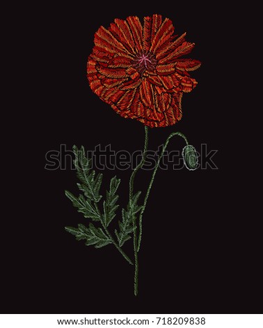 Elegant poppy flower, design element. Can be used for cards, invitations, fashion ornaments, fabrics, manufacturing, clothing design. Embroidery style decorative flowers. Editable
