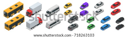 Flat isometric high-quality city transport car icon set. Van, cargo truck, off-road, bike, mini, sports car. Set of urban public and freight vehicle for infographics