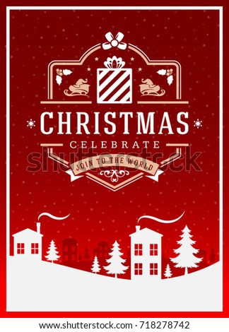 Christmas greeting card or poster design. Merry Christmas typography holidays wish logo emblem template. Winter landscape vector background.