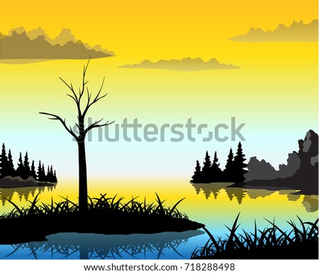 Canal and grass sunset vector drawn