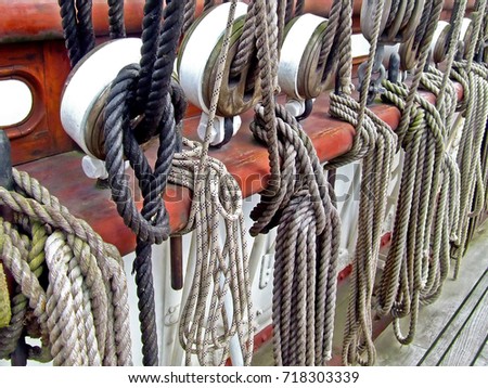 Bunch of old ropes on the sail ship