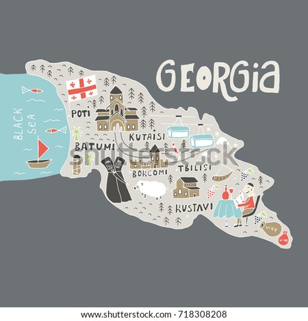 Unique hand drawn cartoon map of Georgia. Vector illustration.